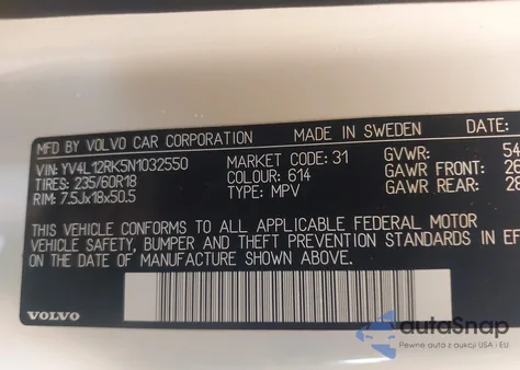 2022 Volvo Xc60 B5 Momentum from USA, damaged, VIN YV4L12RK5N1032550